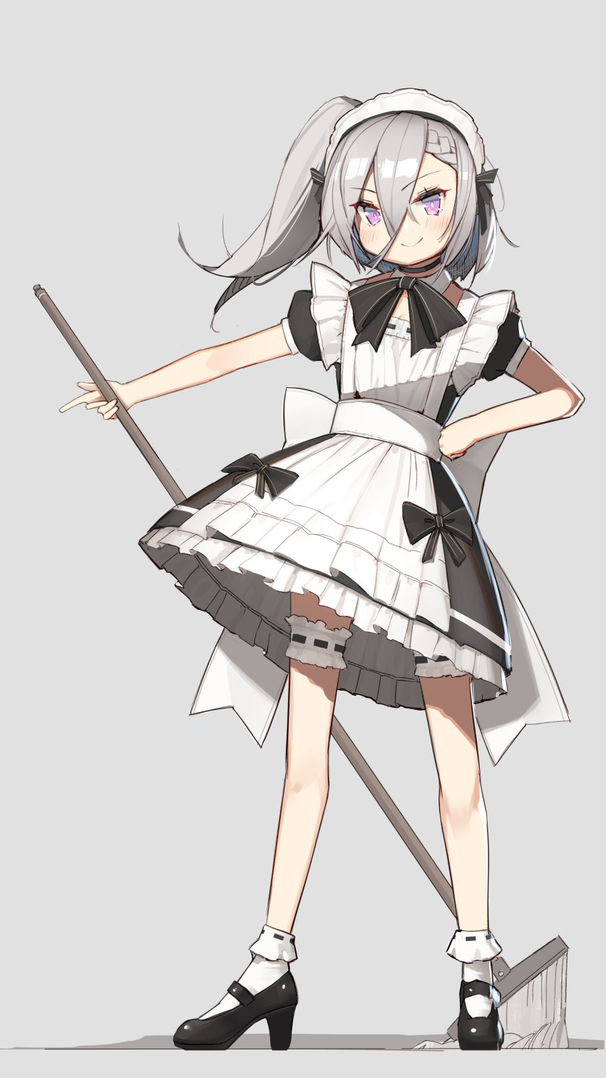 1girl absurdres alternate_costume apron azur_lane black_bow black_dress black_footwear blush bow breasts cleavage commentary_request dress dress_bow enmaided full_body grey_background grey_hair hair_between_eyes high_heels highres holding holding_mop long_hair looking_at_viewer maid maid_apron maid_headdress mary_janes mop purple_eyes shoes short_sleeves simple_background smile socks solo standing white_socks yohia z1_leberecht_maass_(azur_lane)