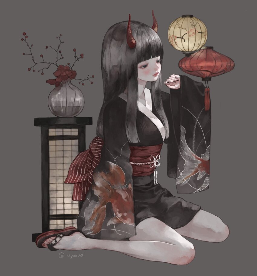 12yun30 1girl black_eyes black_hair black_kimono blush expressionless full_body grey_background highres horns japanese_clothes kimono lantern long_hair no_socks obi oni original pale_skin paper_lantern plant potted_plant sandals sash simple_background sitting solo wide_sleeves