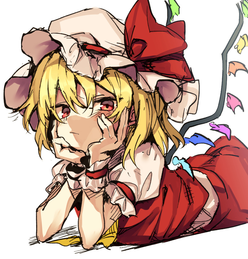 1girl ascot blonde_hair blush closed_mouth crystal eyes_visible_through_hair flandre_scarlet frilled_sleeves frills gem hair_between_eyes hands_on_own_cheeks hands_on_own_face hat hat_ribbon light_blush looking_at_viewer lying manarou medium_hair mob_cap on_stomach puffy_short_sleeves puffy_sleeves red_eyes red_skirt red_vest ribbon short_sleeves simple_background sketch skirt skirt_set solo touhou tsurime vest white_background wings wrist_cuffs yellow_ascot