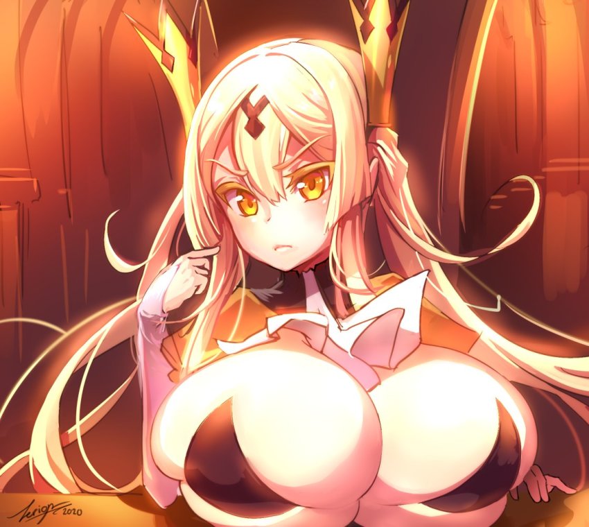 1girl 2020 artist_name bikini bikini_top_only black_bikini blonde_hair breast_rest breasts breasts_on_table bridal_gauntlets commentary crown dated gloves long_hair orange_eyes original raised_eyebrows serious signature solo swimsuit table white_gloves zerion