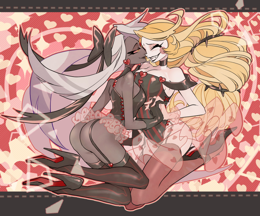 2girls ass bare_shoulders black_shoes black_thighhighs blonde_hair blush_stickers breasts charlie_morningstar cleavage colored_sclera colorful_background dark-skinned_female dark_skin demon_girl earrings fang grey_hair grin hazbin_hotel heart heart_earrings high_heels highres jewelry large_breasts long_hair maruboku multiple_girls red_eyes red_shoes shoes smile teeth thighhighs vaggie yuri