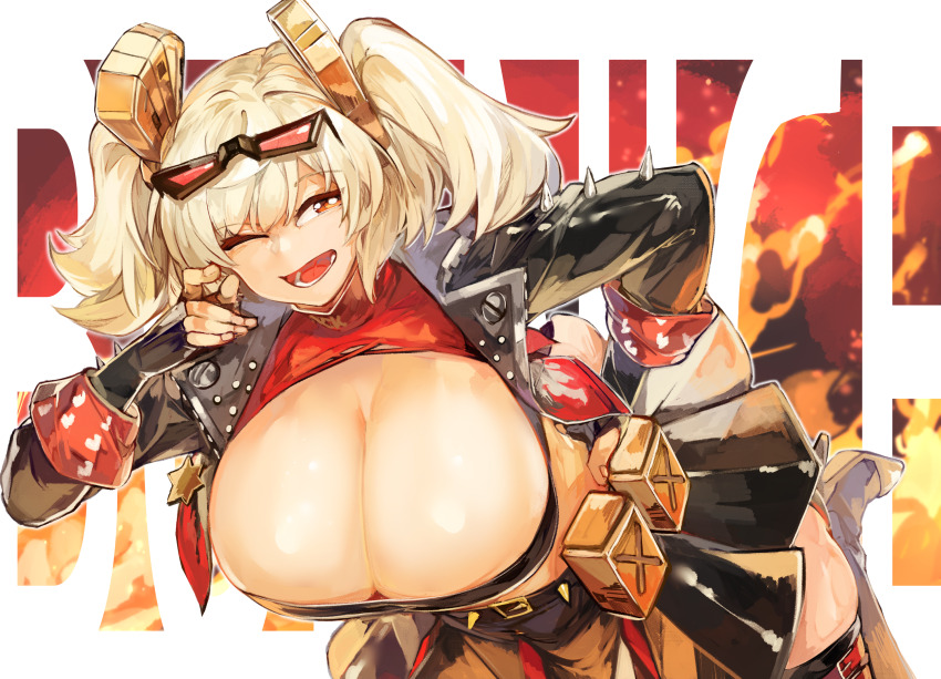 1girl alternate_breast_size bent_over black_gloves black_jacket black_skirt blonde_hair breasts burnice_white cleavage eyewear_on_head gloves highres jacket large_breasts larribee looking_at_viewer one_eye_closed open_mouth red_eyes short_hair short_twintails skirt smile solo sunglasses thighhighs twintails zenless_zone_zero