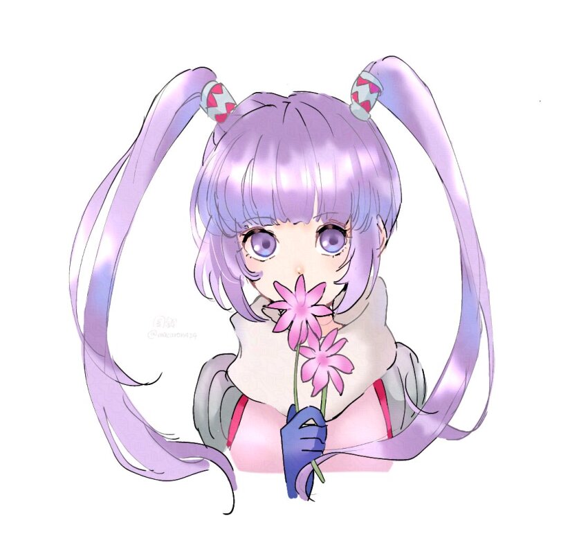 1girl blue_gloves commentary_request covered_mouth flower gloves holding holding_flower looking_at_viewer macaron424 pink_flower purple_eyes purple_hair simple_background solo sophie_(tales) tales_of_(series) tales_of_graces twintails white_background