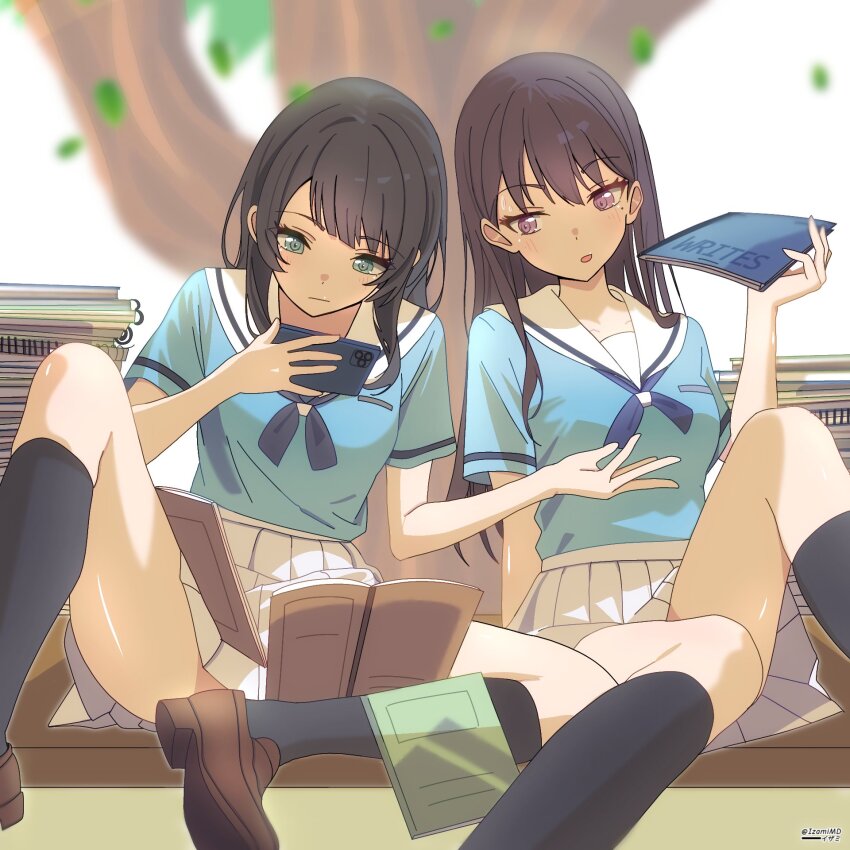 2girls bang_dream! bang_dream!_it&#039;s_mygo!!!!! black_hair black_socks blue_eyes blue_shirt blush brown_footwear brown_hair cellphone closed_mouth commentary english_commentary highres holding holding_phone izami_md kneehighs loafers mole mole_under_eye multiple_girls notebook open_mouth phone pleated_skirt purple_eyes sailor_collar school_uniform serafuku shiina_taki shirt shoes short_sleeves skindentation skirt smartphone socks sweatdrop taking_picture thighs white_sailor_collar white_skirt yahata_umiri