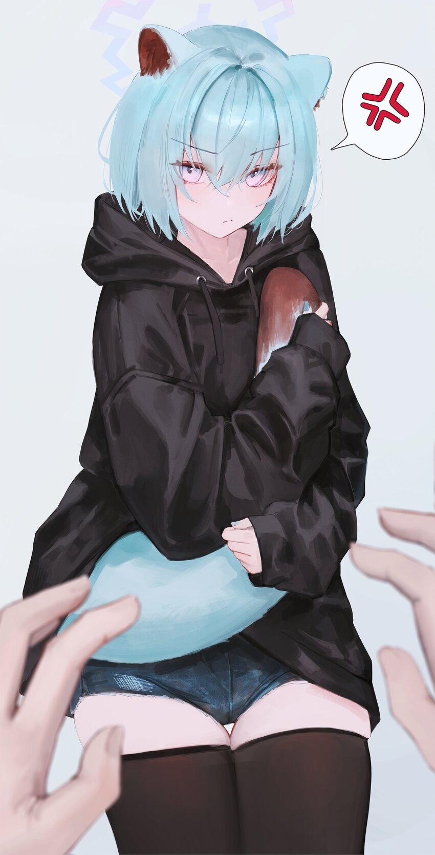 1girl 1other absurdres anger_vein animal_ears aqua_hair black_hoodie black_thighhighs blue_archive closed_mouth denim denim_shorts flippy_(cripine111) grey_background hair_between_eyes halo highres holding_own_tail hood hood_down hoodie looking_at_viewer pov pov_hands shigure_(blue_archive) short_hair shorts simple_background solo_focus spoken_anger_vein standing tail thighhighs weasel_ears weasel_girl weasel_tail