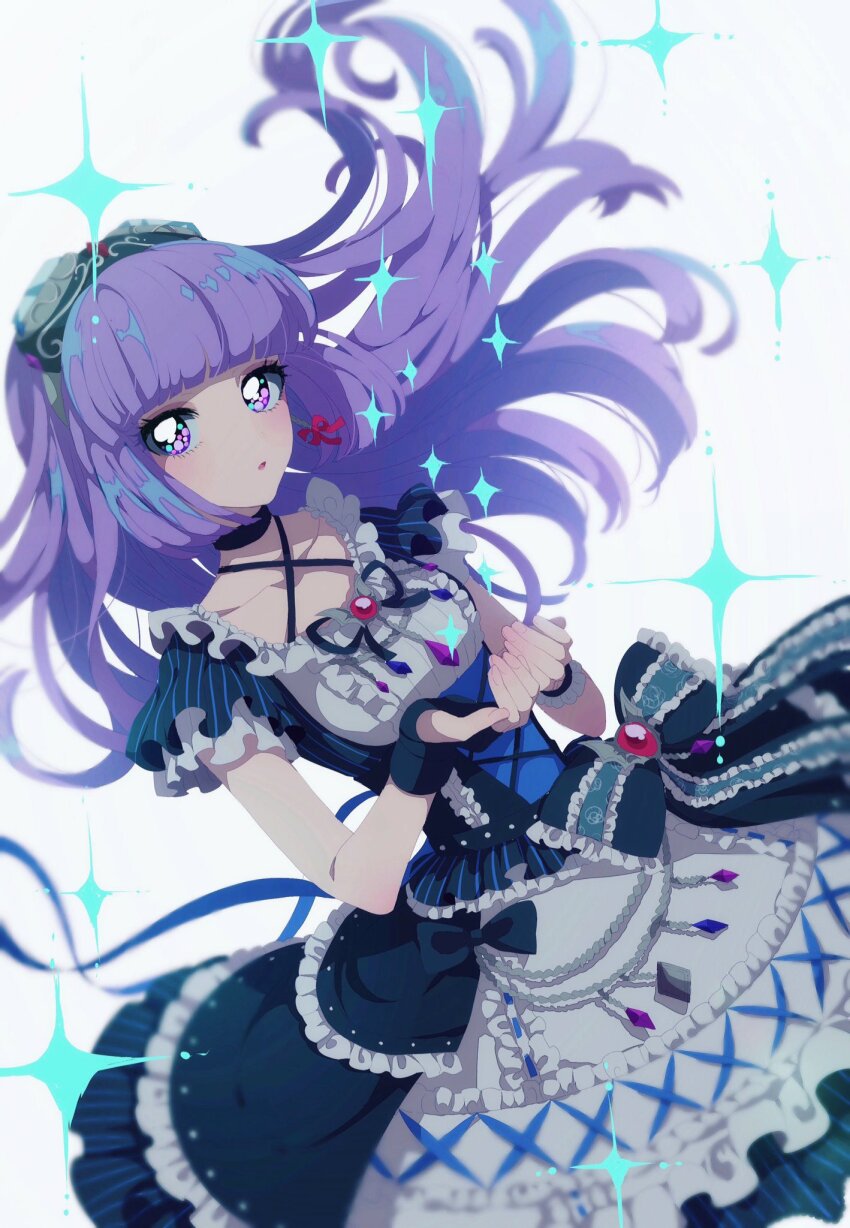 1girl aikatsu! aikatsu!_(series) bad_id bad_twitter_id blue_dress blue_ribbon blunt_bangs blunt_ends cowboy_shot dress dutch_angle floating_hair frilled_dress frills hands_up highres hikami_sumire idol_clothes lolita_fashion long_hair looking_at_viewer purple_eyes purple_hair ribbon short_sleeves simple_background solo sparkle super_dry_(super_dry_rr) white_background