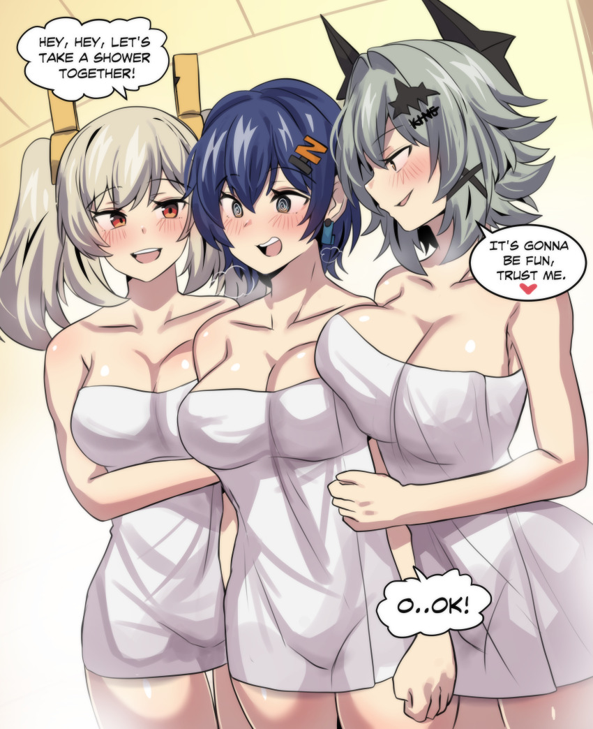 3girls :d @_@ absurdres asymmetrical_docking bare_arms bare_shoulders belle_(zenless_zone_zero) blue_hair blush breast_press breasts burnice_white caesar_king_(zenless_zone_zero) cleavage collarbone commentary cowboy_shot english_commentary grey_eyes grey_hair hair_between_eyes hair_ornament heart highres hinghoi large_breasts long_hair multiple_girls naked_towel open_mouth orange_eyes short_hair smile speech_bubble standing thighs towel zenless_zone_zero