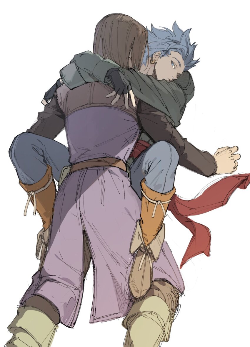 2boys armor arms_around_neck black_gloves black_shirt blue_eyes boots brown_footwear brown_hair brown_pants camus_(dq11) dragon_quest dragon_quest_xi earrings feet_out_of_frame fingerless_gloves full_body gloves grey_hair grey_pants hero_(dq11) highres hood hood_down hooded_jacket jacket jewelry leather_armor long_sleeves male_focus multiple_boys pants purple_tunic ricemune723623 shirt spiked_hair tunic white_background yaoi