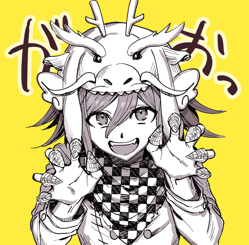 1boy absurdres akira_rnpso arm_belt buttons checkered_clothes checkered_scarf chinese_zodiac claw_pose commentary_request danganronpa_(series) danganronpa_v3:_killing_harmony dragon_hat fangs flipped_hair hair_between_eyes happy hat highres long_sleeves looking_at_viewer male_focus monochrome new_year oma_kokichi open_mouth scarf short_hair smile solo teeth two-tone_scarf upper_body upper_teeth_only year_of_the_dragon yellow_background