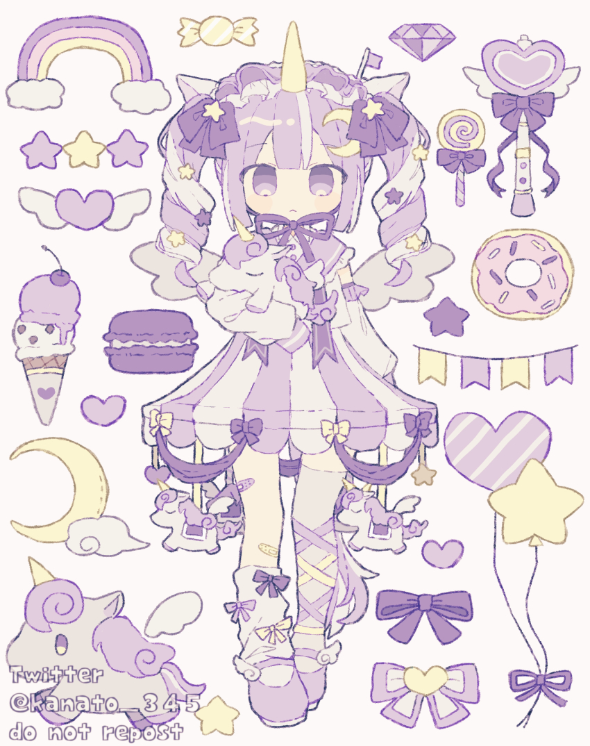 1girl animal animal_ears balloon bandaid bandaid_on_leg bow burger candy crescent crescent_hair_ornament crescent_moon donut dress food full_body gem hair_ornament heart highres holding holding_animal horns ice_cream kanamochi_kanato lollipop long_hair long_sleeves looking_at_viewer maid_headdress moon multicolored_hair original rainbow ribbon simple_background single_horn sleeves_past_fingers sleeves_past_wrists solo star_(symbol) star_hair_ornament twintails twitter_username unicorn unicorn_girl unicorn_horn wand wings yume_kawaii