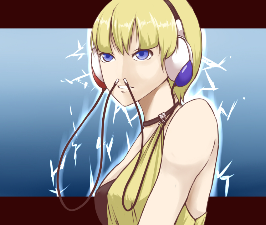 10s 1girl bad_id bad_pixiv_id bare_shoulders blonde_hair blue_eyes creatures_(company) elesa_(pokemon) female_focus game_freak gym_leader headphones nikawa_99-do nintendo nose_plug parted_lips pokemon pokemon_bw short_hair solo sparks what