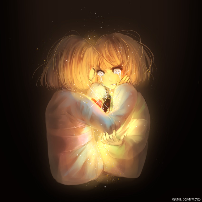 androgynous artist_name black_background brown_hair chara_(undertale) closed_eyes constricted_pupils crying crying_with_eyes_open dripping frisk_(undertale) gender_request glowing hands_on_another&#039;s_cheeks hands_on_another&#039;s_face heart highres ozumii parted_lips red_eyes shirt simple_background sparkle spoilers striped_clothes striped_shirt tears undertale upper_body