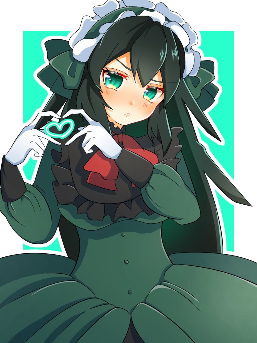 1girl 4-finger_heart_hands aqua_background blush border bow breasts dress frills frown gloves green_bow green_dress green_eyes green_hairband gundam gundam_build_divers gundam_build_divers_re:rise hair_bow hairband heart heart_hands highres juice_(jule_tyaojule) lolita_hairband looking_at_viewer may_(gundam_build_divers_re:rise) medium_breasts outside_border red_bow solo upper_body v-shaped_eyebrows white_border white_gloves