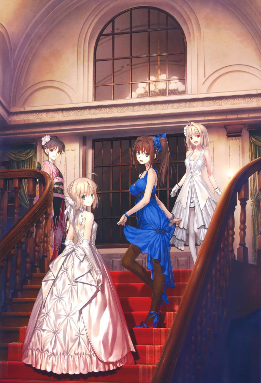 00s 4girls absurdres artoria_pendragon_(all) artoria_pendragon_(fate) bad_id bad_pixiv_id chrysanthemum_print cosplay duplicate fate/stay_night fate_(series) floral_print highres kara_no_kyoukai mahou_tsukai_no_yoru multiple_girls saber_(fate) saber_(fate)_(cosplay) skirt_hold tsukihime type-moon