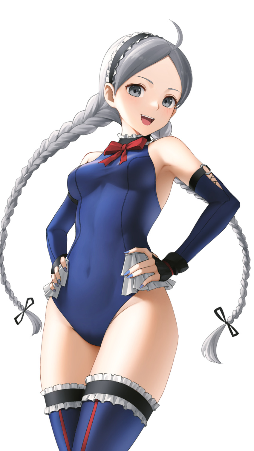 absurdres ahoge bare_shoulders blue_nails blue_one-piece_swimsuit blue_sleeves blue_thighhighs braid breasts commission commissioner_upload cosplay covered_navel dead_or_alive dead_or_alive_5 detached_sleeves dhokidoki fingernails fire_emblem fire_emblem_fates frilled_swimsuit frills grey_eyes grey_hair hairband hands_on_own_hips highres long_fingernails long_hair looking_at_viewer marie_rose marie_rose_(cosplay) medium_breasts nail_polish nina_(fire_emblem) nintendo non-web_source one-piece_swimsuit open_mouth red_ribbon ribbon solo swimsuit teeth thighhighs thighs turtleneck twin_braids upper_body upper_teeth_only white_background