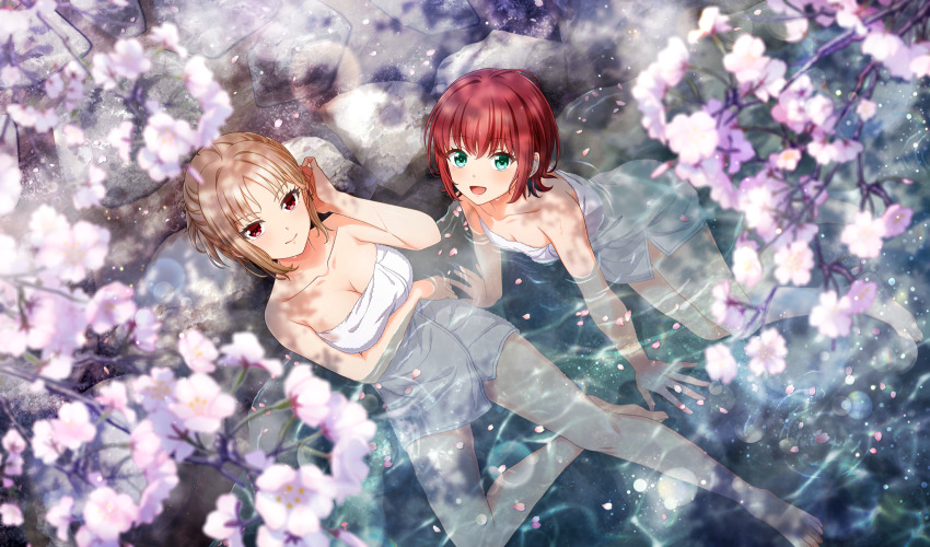 2girls :d arm_under_breasts bare_shoulders barefoot blurry breasts cherry_blossoms cinderella_series cleavage closed_mouth collarbone depth_of_field dress falling_petals film_grain from_above full_body game_cg green_eyes hachigatsu_no_cinderella_nine hand_in_own_hair highres lens_flare light_brown_hair light_particles looking_at_viewer looking_up miura_nanase miyai_miyako multiple_girls naked_towel non-web_source official_alternate_hairstyle official_art onsen open_mouth outdoors partially_submerged petals pink_petals red_eyes red_hair ripples rock short_hair smile steam towel water wet