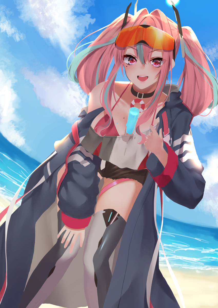 1girl :d absurdres akashiro_yulice azur_lane backlighting beach between_breasts bikini bikini_under_clothes black_choker black_shorts blue_coat blue_hair blue_legwear blue_sky blush breasts bremerton_(azur_lane) choker cleavage cloud coat collarbone commentary cowboy_shot crop_top crop_top_overhang cutoffs day eyewear_on_head food food_between_breasts grey_legwear hair_between_eyes hair_intakes hair_ornament hand_on_own_knee highres hood hood_down hooded_coat huge_filesize knees_together_feet_apart large_breasts leaning_forward lifebuoy_ornament long_hair long_sleeves looking_at_viewer melting mole mole_on_breast mole_under_eye multicolored_hair ocean off-shoulder_coat off-shoulder_shirt off_shoulder open_mouth outdoors pink_bikini pink_eyes pink_hair popsicle red-tinted_eyewear sand shirt short_shorts shorts sidelocks sky smile solo standing streaked_hair sun sunglasses swimsuit teeth thigh_strap tinted_eyewear twintails two-tone_hair two-tone_legwear two-tone_shirt upper_teeth_only