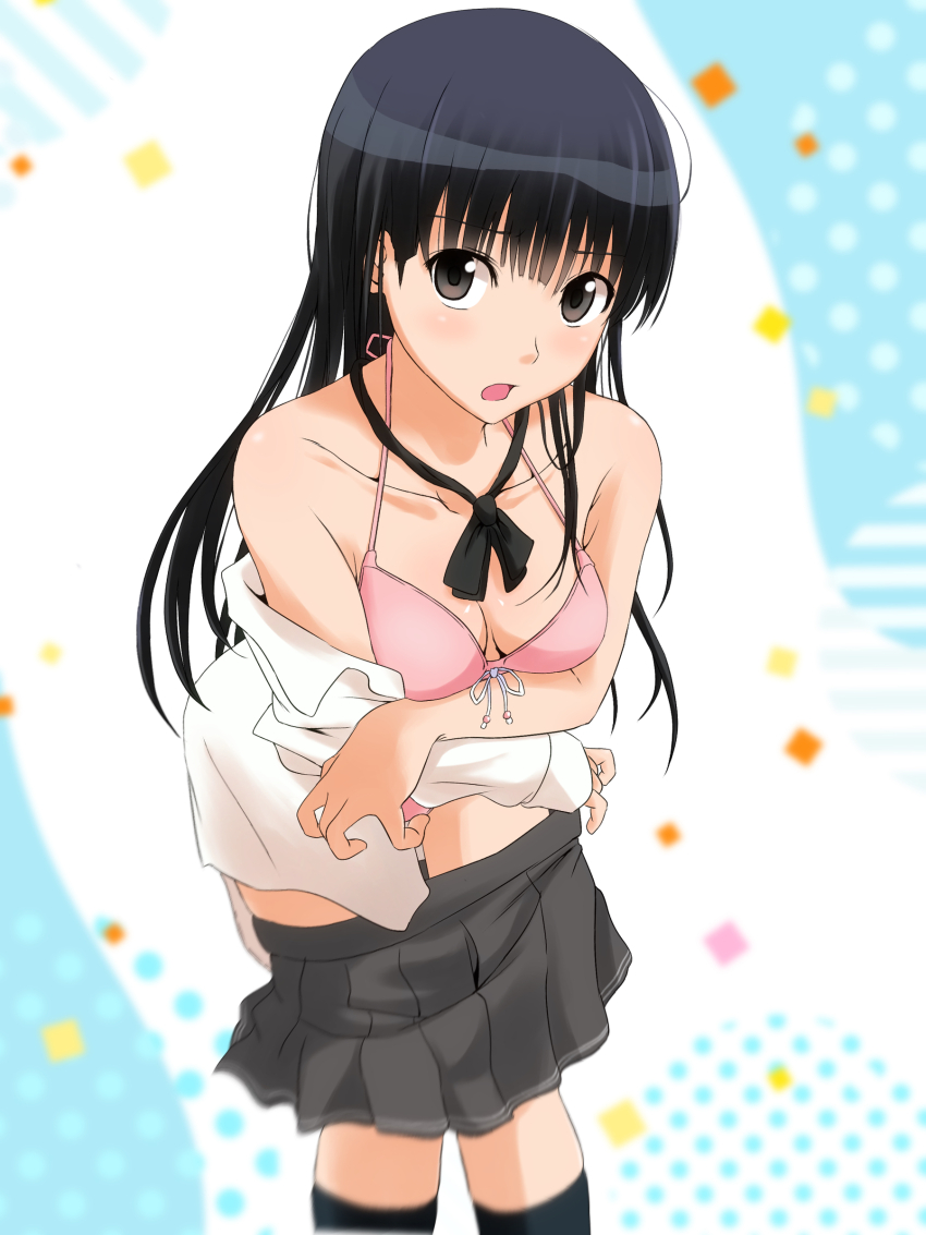 1girl absurdres amagami ayatsuji_tsukasa bikini bikini_under_clothes black_eyes black_hair black_socks blunt_bangs blurry blurry_background blush breasts cleavage clothes_pull collarbone embarrassed grey_skirt highres hugimosi kibito_high_school_uniform leaning_forward long_hair long_sleeves looking_at_viewer miniskirt open_mouth pink_bikini pink_ribbon pleated_skirt ribbon school_uniform shirt skirt skirt_pull small_breasts socks solo standing straight_hair swimsuit thigh_gap undressing very_long_hair white_shirt