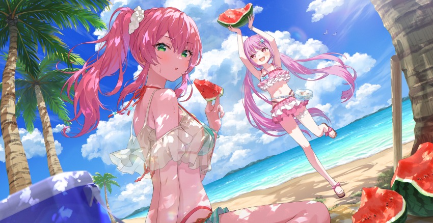 2girls absurdres aikawa_megumi alternate_hairstyle arms_up beach bikini blue_sky blush brown_footwear cloud commentary_request cooler cropped_shirt food frilled_bikini frilled_shirt frills fruit green_eyes hair_between_eyes hair_ornament heaven_burns_red highres holding holding_food holding_fruit holding_watermelon kunimi_tama long_hair looking_at_viewer midriff momomoi_momoi multiple_girls navel ocean open_mouth outdoors palm_tree parted_lips pink_bikini pink_eyes pink_hair ponytail sandals second-party_source see-through_clothes see-through_shirt shadow shirt sidelocks sitting sky standing standing_on_one_leg star_(symbol) star_hair_ornament sweat swimsuit tree twintails very_long_hair watermelon watermelon_slice