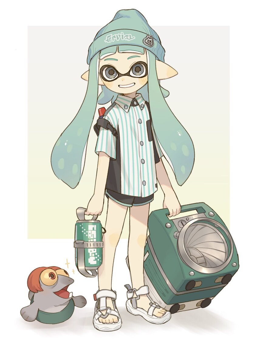 1girl beanie black_shirt black_shorts blue_hair blue_hat blue_shirt breast_pocket can collared_shirt dolphin_shorts dot_nose dress_shirt drink_can full_body gomi_(kaiwaresan44) grey_eyes grin hat highres holding holding_weapon ink_tank_(splatoon) inkling inkling_girl inkling_player_character long_hair looking_at_viewer multicolored_shirt nintendo pocket pointy_ears salmonid sandals shirt short_sleeves shorts sloshing_machine_(splatoon) smallfry_(splatoon) smile solo splatoon_(series) splatoon_3 standing striped_clothes striped_shirt tentacle_hair twintails weapon white_footwear white_shirt