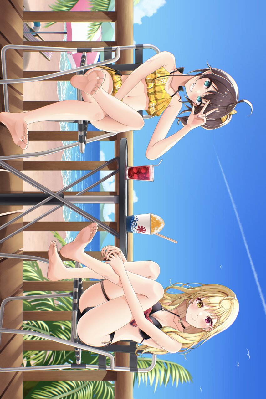 2girls absurdres barefoot beach bikini bird black_bikini black_choker blonde_hair blue_eyes blue_sky breasts brown_hair choker cleavage cloud collarbone food heterochromia highres hololive hoshikawa_sara long_hair medium_breasts mt_mozuku multiple_girls natsuiro_matsuri natsuiro_matsuri_(hololive_summer_2019) navel nijisanji ocean official_alternate_costume palm_leaf purple_eyes railing shaved_ice short_hair side_ponytail sitting sky small_breasts smile swimsuit table thigh_strap v virtual_youtuber yellow_bikini yellow_eyes