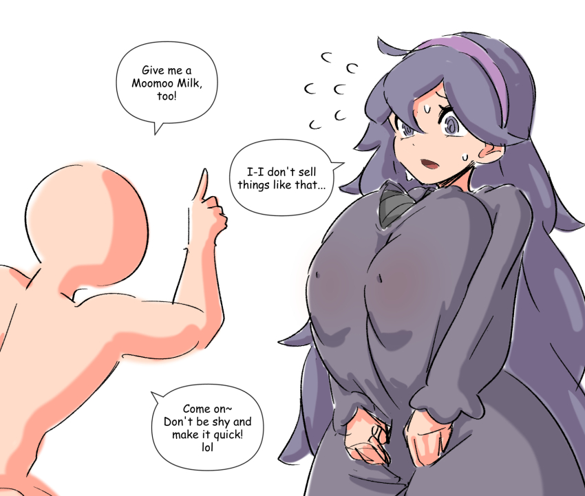 1boy 1girl areolae_visible_through_clothing breasts creatures_(company) english_text game_freak hex_maniac_(pokemon) huge_breasts long_hair nintendo pokemon purple_hair tagme woomochi