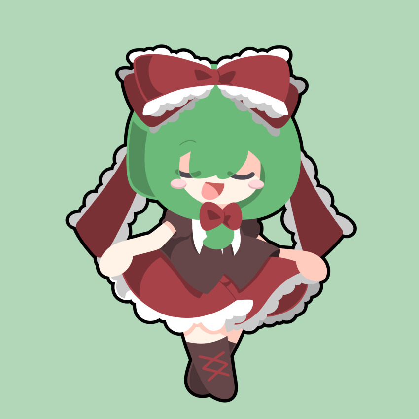 1girl baek_ban boots bow frilled_ribbon frills front_ponytail green_hair hair_ribbon highres kagiyama_hina red_bow red_ribbon ribbon smile solo touhou