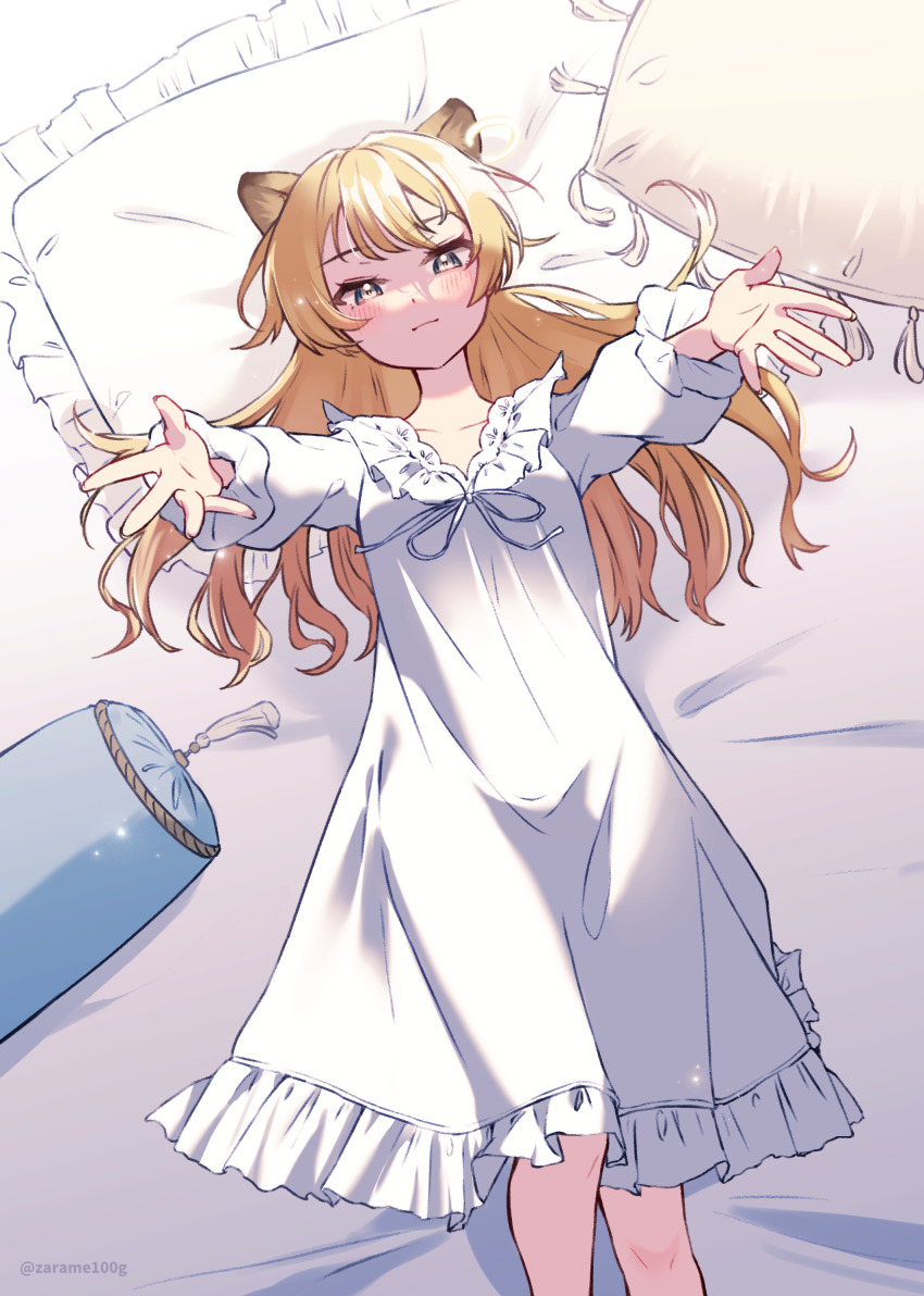 1girl absurdres animal_ears blonde_hair earrings feet_out_of_frame from_above grey_eyes highres jewelry light_blush lion_ears lion_girl long_hair lying nightgown noripro on_back on_bed open_hands outstretched_arms pillow regrush_lionheart single_earring solo twitter_username virtual_youtuber white_nightgown zarame_(kazata)