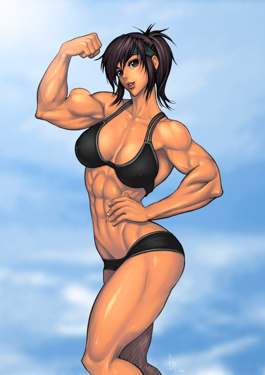 1girl abs biceps bikini bikini_top_only black_shorts breasts brown_eyes brown_hair commentary_request covered_erect_nipples daimon_akiko felsus gimp_(medium) hand_on_own_hip headband highres large_breasts muscular muscular_female obliques revision short_ponytail short_shorts shorts solo standing swimsuit taisen_hot_gimmick taisen_hot_gimmick_4ever thick_thighs thighs