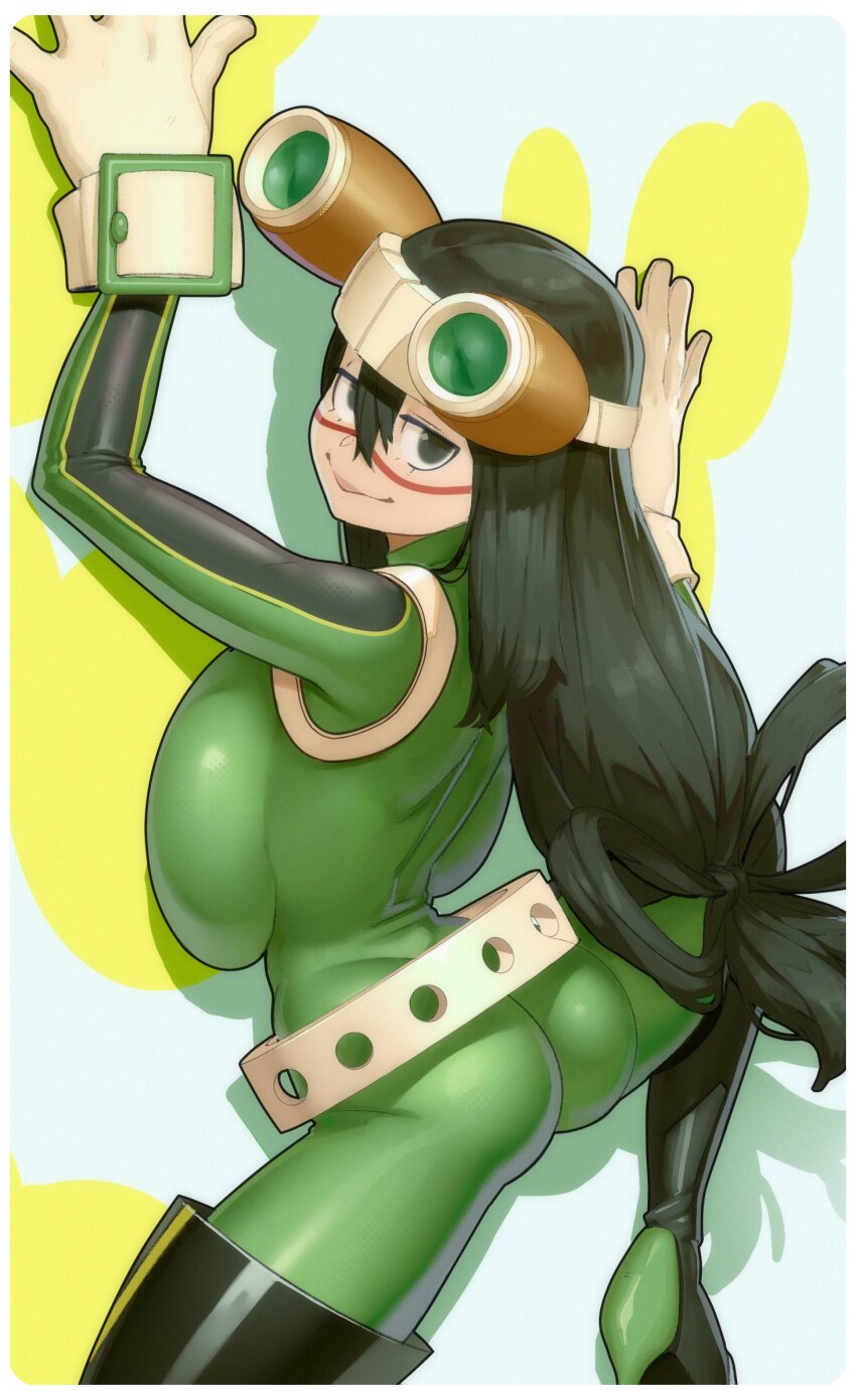 1girl :&gt; arched_back ass asui_tsuyu bodysuit boku_no_hero_academia boots border breast_press breasts gloves goggles goggles_on_head green_bodysuit green_eyes green_hair hair_between_eyes hair_rings highres huge_breasts jitome long_hair looking_at_viewer low-tied_long_hair materclaws skin_tight solo superhero_costume thigh_boots white_border white_gloves