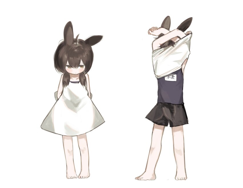 1boy 1girl absurdres animal_ears barefoot black_shorts blue_one-piece_swimsuit blush brown_eyes brown_hair closed_mouth commentary dress flat_chest highres ic_(iccccccccc81) medium_hair one-piece_swimsuit original rabbit_boy rabbit_ears rabbit_girl school_swimsuit shirt short_dress short_shorts shorts simple_background sleeveless sleeveless_dress standing swimsuit swimsuit_under_clothes symbol-only_commentary undressing white_background white_dress white_shirt