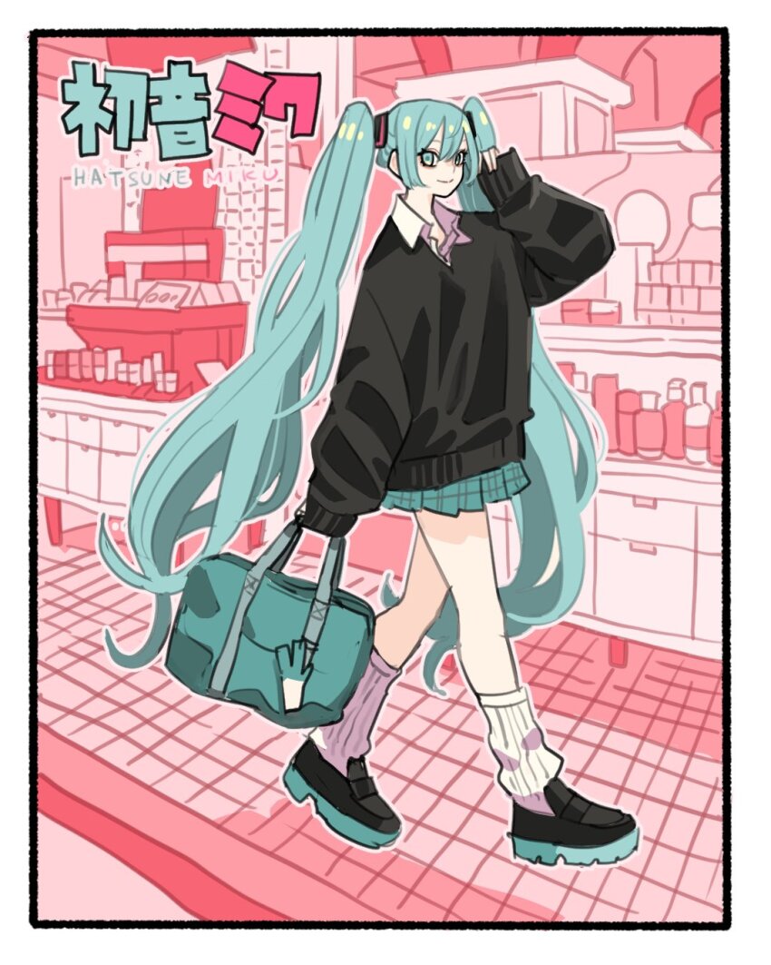 1girl aqua_bag aqua_eyes aqua_footwear aqua_hair aqua_skirt bag baggy_clothes black_footwear black_sweater border character_name closed_mouth collared_shirt commentary full_body hair_between_eyes hand_in_own_hair hatsune_miku highres holding holding_bag long_hair long_sleeves looking_at_viewer loose_socks pink_background pleated_skirt shirt skirt sleeves_past_wrists smile socks solo sweater takeuchi_ryousuke tile_floor tiles twintails two-tone_footwear very_long_hair vocaloid white_border white_shirt white_socks