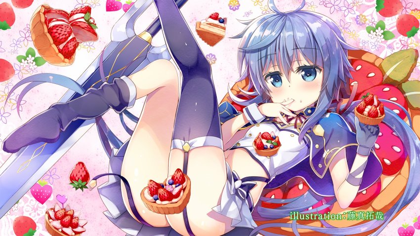 1girl alzano_school_uniform artist_name ass asymmetrical_gloves black_thighhighs blue_capelet blue_eyes blue_gloves blue_hair blush breasts capelet cream cream_on_face crop_top end_card finger_to_mouth food food_on_face fruit fujima_takuya garter_straps gloves hair_between_eyes highres holding holding_food legs licking licking_finger long_hair midriff miniskirt navel official_art pleated_skirt ponytail rokudenashi_majutsu_koushi_to_akashic_record ryiel_rayford school_uniform skirt small_breasts solo stomach strawberry sword thighhighs uneven_gloves upskirt very_long_hair weapon white_skirt wrist_cuffs