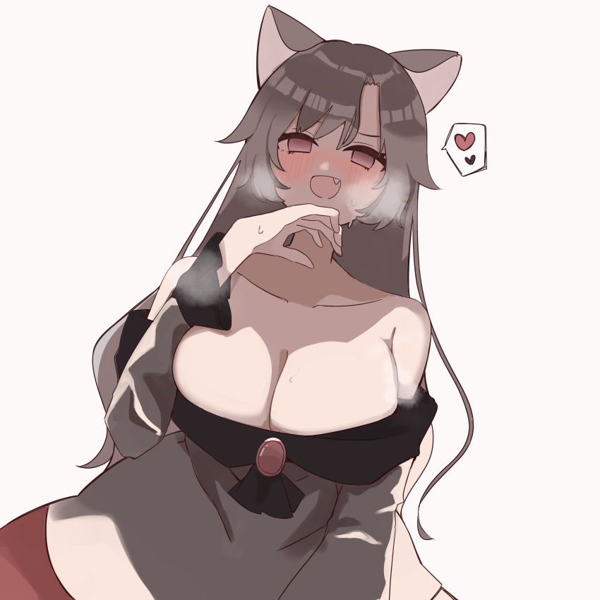 1girl :d absurdres animal_ears blush breasts breath brooch brown_eyes brown_hair cleavage collarbone commentary dress fang grey_background hand_on_own_chin heart highres imaizumi_kagerou jewelry large_breasts long_hair long_sleeves looking_at_viewer nose_blush off-shoulder_dress off_shoulder open_mouth simple_background smile solo spoken_heart takeyasu510 touhou upper_body white_dress wolf_ears wolf_girl