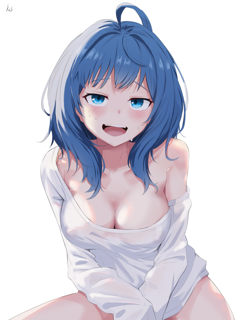 1girl absurdres ahoge blue_eyes blue_hair blush breasts cleavage collarbone covered_erect_nipples highres k2s long_sleeves looking_at_viewer make_heroine_ga_oo_sugiru! medium_breasts medium_hair open_mouth shirt signature simple_background single_off_shoulder solo sweat wet wet_clothes wet_shirt white_background yanami_anna