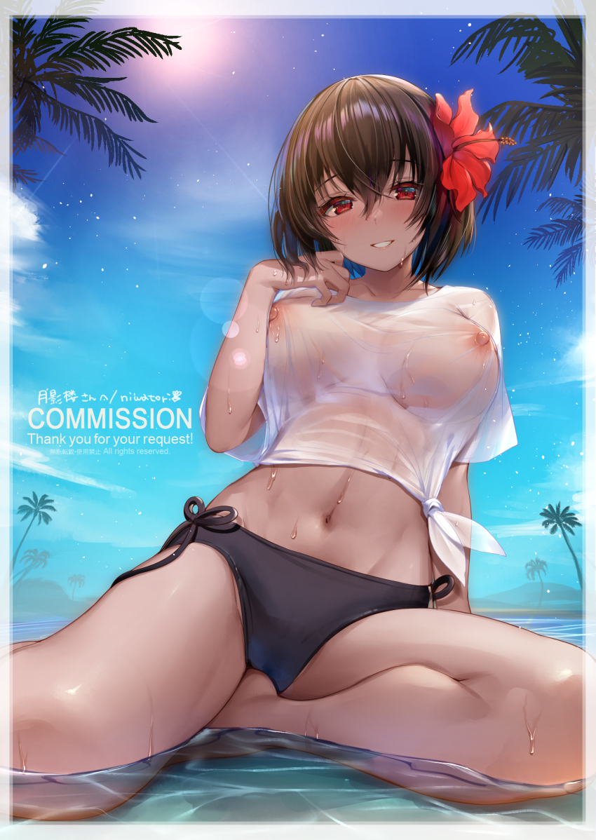 1girl :d bare_legs barefoot bikini bikini_bottom_only black_bikini black_hair blue_sky border breasts commission day flower grin hair_flower hair_ornament hibiscus highres large_breasts lens_flare navel nipples niwatori_(satoru0201) no_bra on_ground open_mouth outdoors palm_tree parted_lips red_eyes red_flower see-through_clothes shallow_water sharifah_ozdil_(tukikagerou) shirt short_hair short_sleeves side-tie_bikini_bottom sky smile solo stomach sun sunlight swimsuit thighs tied_shirt tree water wet wet_clothes wet_shirt white_border white_shirt