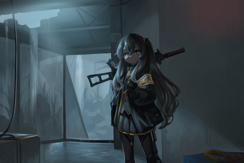 1girl armband black_jacket black_pantyhose black_skirt closed_mouth collared_shirt commentary_request dokomon dress_shirt feet_out_of_frame girls&#039;_frontline grey_hair gun h&amp;k_ump hair_between_eyes hand_up highres holding holding_gun holding_weapon jacket korean_commentary long_hair long_sleeves name_connection object_namesake one_side_up open_clothes open_jacket orange_eyes pantyhose pleated_skirt puffy_long_sleeves puffy_sleeves ruins scar scar_across_eye shirt skirt solo standing submachine_gun ump45_(girls&#039;_frontline) very_long_hair weapon white_shirt