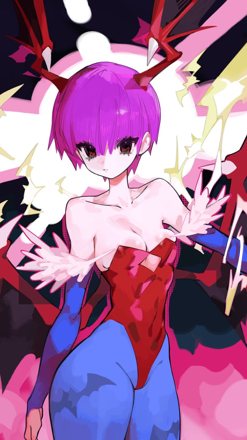 1girl bad_id bad_twitter_id bare_shoulders bat_wings blue_gloves breasts cleavage elbow_gloves gloves head_wings highres leotard liba_(leo8d) lilith_(darkstalkers) looking_at_viewer medium_breasts pink_hair red_background red_eyes red_leotard red_wings shadow short_hair simple_background solo upper_body darkstalkers wings