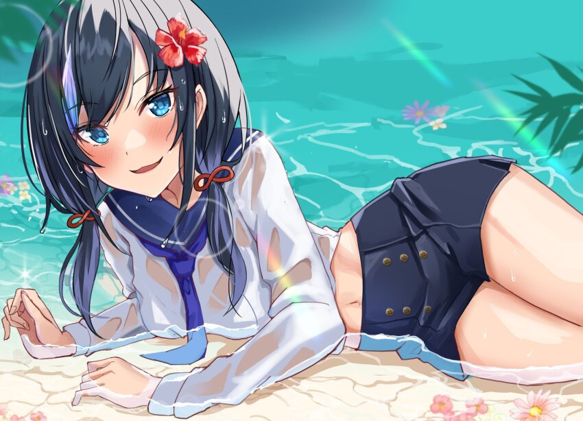 1girl beach black_hair black_shorts blue_eyes blue_necktie blue_sailor_collar blush flower hair_flower hair_ornament highres long_sleeves low_twintails multicolored_hair necktie nijisanji okutomi_fumi ponto_nei purple_hair sailor_collar shirt shorts solo streaked_hair twintails virtual_youtuber water wet wet_clothes white_shirt