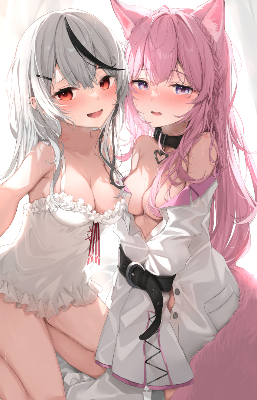 2girls animal_ear_fluff animal_ears bandaged_arm bandages belt_collar blush braid breasts cleavage collar collarbone commentary_request fang grey_hair hakui_koyori highres hololive koyokurosuki long_hair looking_at_viewer multiple_girls off_shoulder parted_lips pink_hair red_eyes sakamata_chloe small_breasts tail virtual_youtuber white_negligee wolf_ears wolf_girl wolf_tail