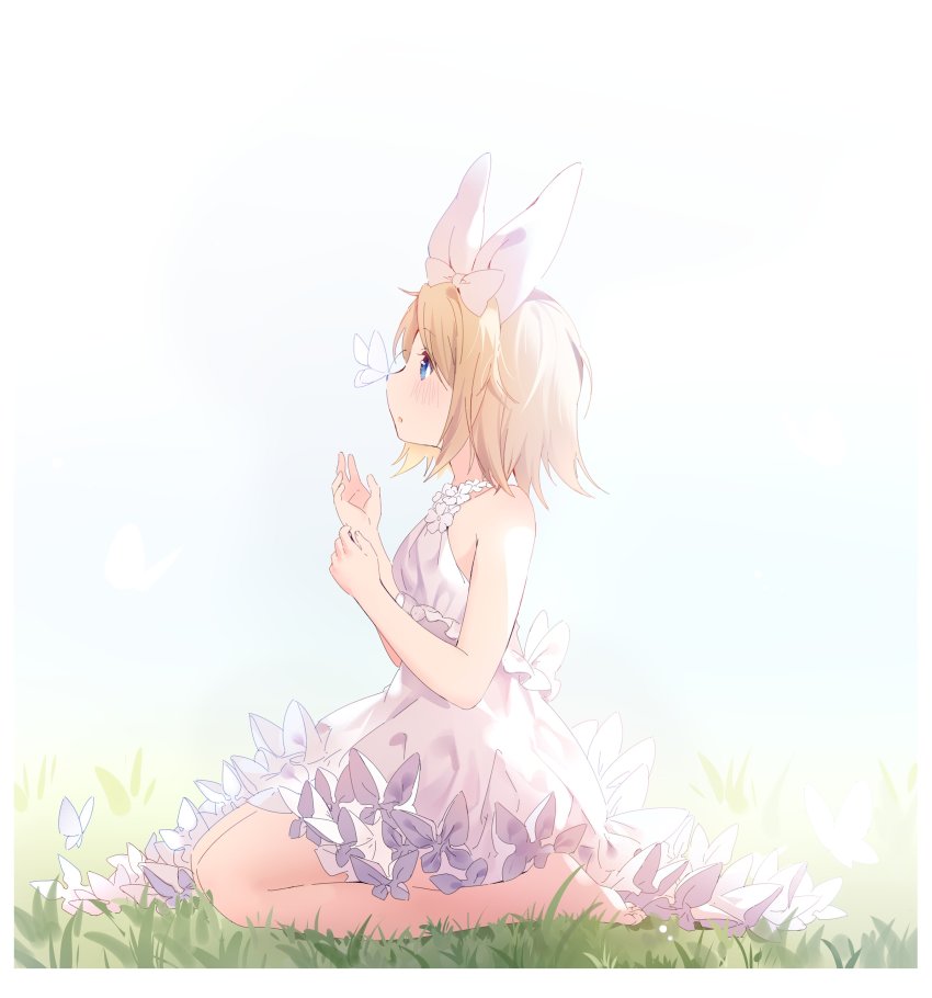 1girl absurdres barefoot blonde_hair blue_eyes bow bug butterfly butterfly_on_nose commentary day dress frilled_dress frills from_side full_body grass hair_bow highres hmniao bug kagamine_rin outdoors parted_lips seiza short_hair sitting sleeveless sleeveless_dress solo sundress vocaloid white_bow white_butterfly white_dress