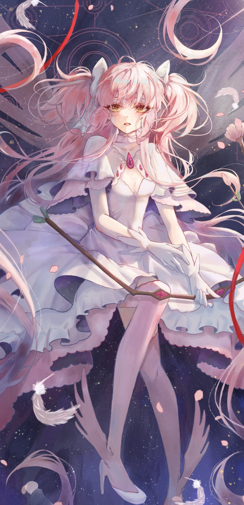 1girl absurdly_long_hair absurdres border bow bow_(weapon) breasts chest_jewel choker cleavage cleavage_cutout clothing_cutout collarbone dot_nose dress energy_wings eyelashes eyes_visible_through_hair feathers full_body gloves hair_between_eyes hair_bow high_heels highres holding holding_bow_(weapon) holding_weapon invisible_chair kaname_madoka light_blush lipstick long_dress long_hair magic_circle mahou_shoujo_madoka_magica mahou_shoujo_madoka_magica_(anime) makeup open_mouth petals pink_gemstone pink_hair pink_thighhighs pink_wings pleated_sleeves red_lips red_ribbon ribbon short_sleeves sitting solo space space_print starry_sky_print stiletto_heels thighhighs transparent_wings two-sided_dress two-sided_fabric two_side_up ultimate_madoka very_long_hair weapon white_bow white_choker white_dress white_footwear white_gloves wide_sleeves winged_legs wings yellow_eyes youxiaomo