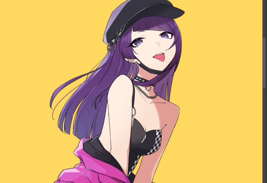 1girl bare_shoulders black_hat breasts chain chain_necklace checkered_clothes choker cleavage diagonal_bangs hat idolmaster idolmaster_shiny_colors jacket jewelry lichtendamiuntis long_hair mask_pull medium_breasts necklace off_shoulder pink_jacket purple_eyes purple_hair single_strap smile tanaka_mamimi tongue tongue_out yellow_background