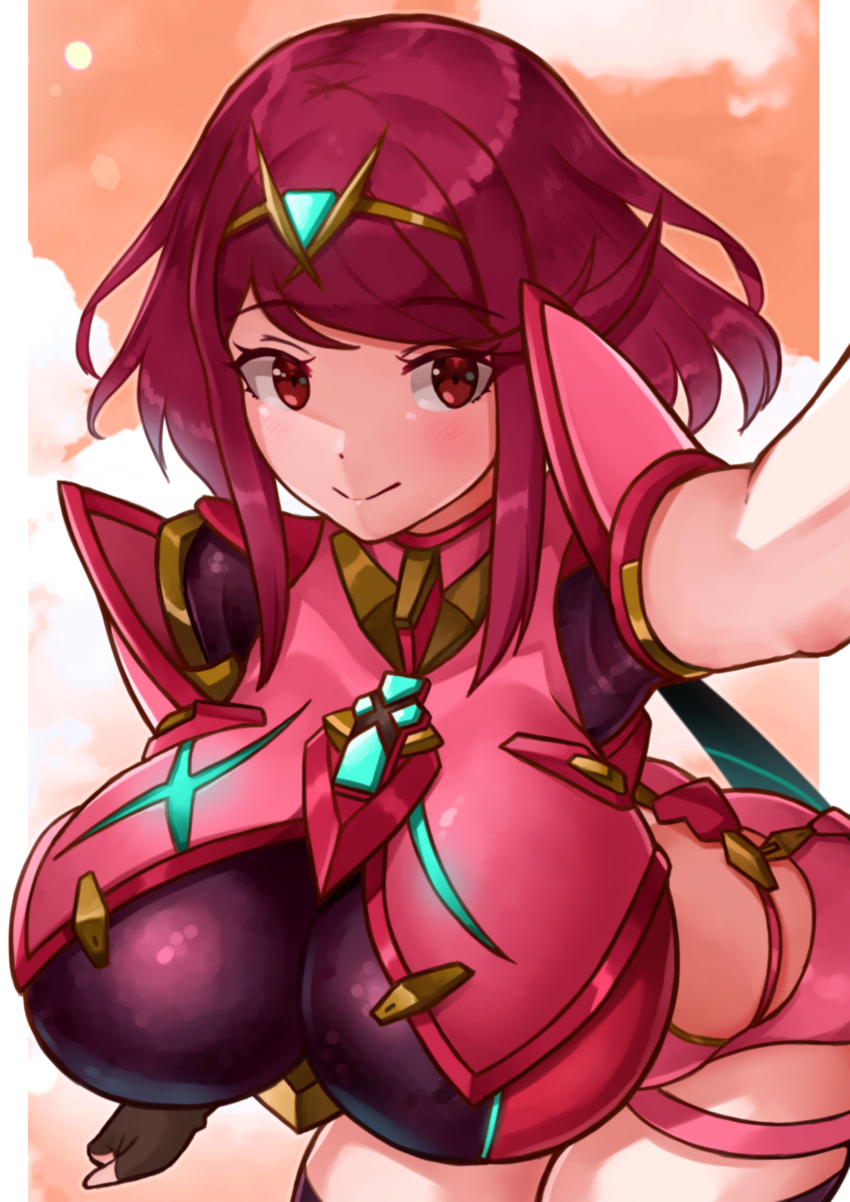 1girl absurdres breasts chest_jewel core_crystal_(xenoblade) headpiece highres large_breasts pyra_(xenoblade) red_eyes red_hair solo swept_bangs tiara xenoblade_chronicles_(series) xenoblade_chronicles_2 yotsuha_uni