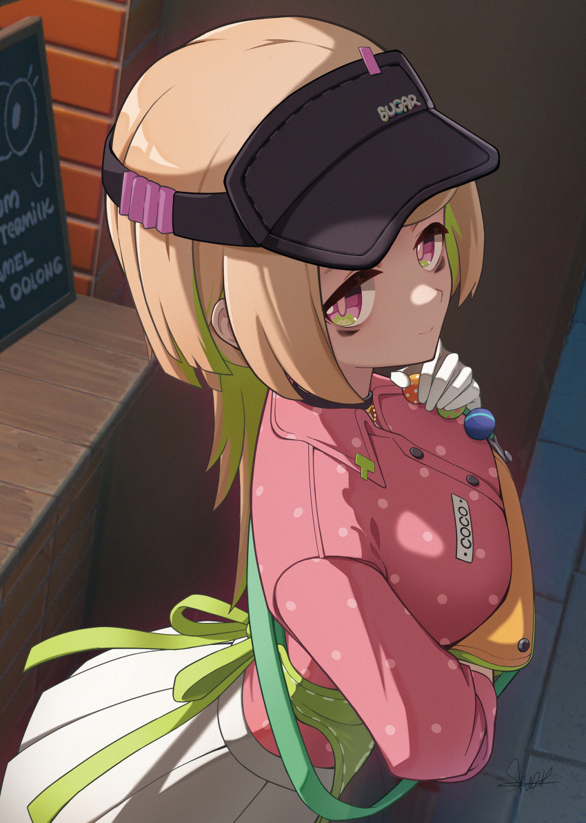 1girl absurdres apron bags_under_eyes black_choker breasts brown_hair candy chalkboard_sign character_name choker coco_(zenless_zone_zero) colored_inner_hair commentary food gloves green_apron green_eyes green_hair highres lollipop looking_at_viewer medium_breasts multicolored_hair name_tag pink_eyes pink_pupils pink_shirt pleated_skirt polka_dot polka_dot_shirt shirt shuni_valentine skirt solo two-tone_apron two-tone_eyes visor_cap white_gloves white_skirt wolf_cut zenless_zone_zero