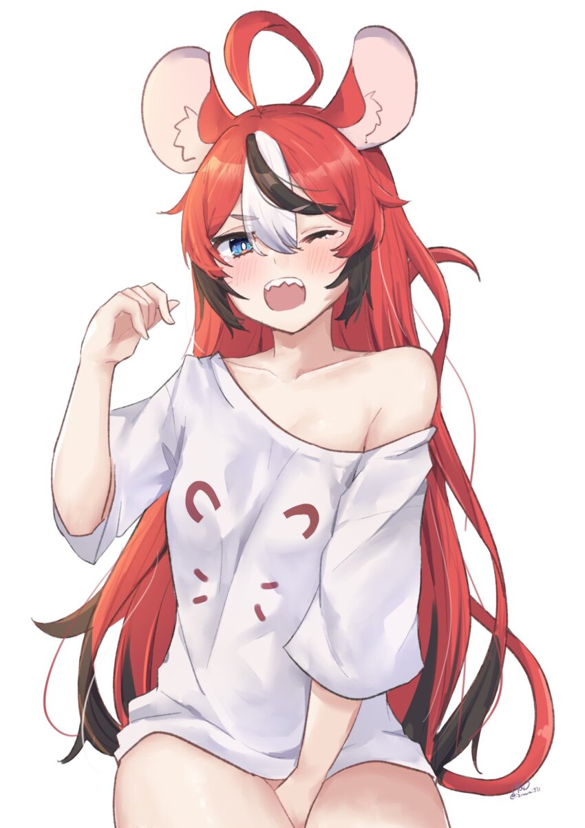 1girl ahoge animal_ear_fluff animal_ears black_hair blue_eyes blush breasts hakos_baelz highres hirasawa_izumi hololive hololive_english long_hair looking_at_viewer medium_breasts mouse_ears mouse_girl multicolored_hair official_alternate_costume one_eye_closed red_hair sharp_teeth strawberry_baelz streaked_hair teeth upper_teeth_only virtual_youtuber white_hair