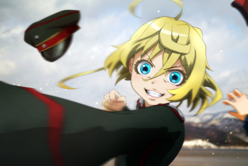 &gt;:) 1other ahoge blonde_hair blurry blurry_background clenched_hand foreshortening genya_(genya67) grin hair_between_eyes hat highres incoming_attack incoming_punch looking_at_viewer military military_hat military_uniform outdoors punching smile tanya_degurechaff unworn_hat unworn_headwear v-shaped_eyebrows youjo_senki