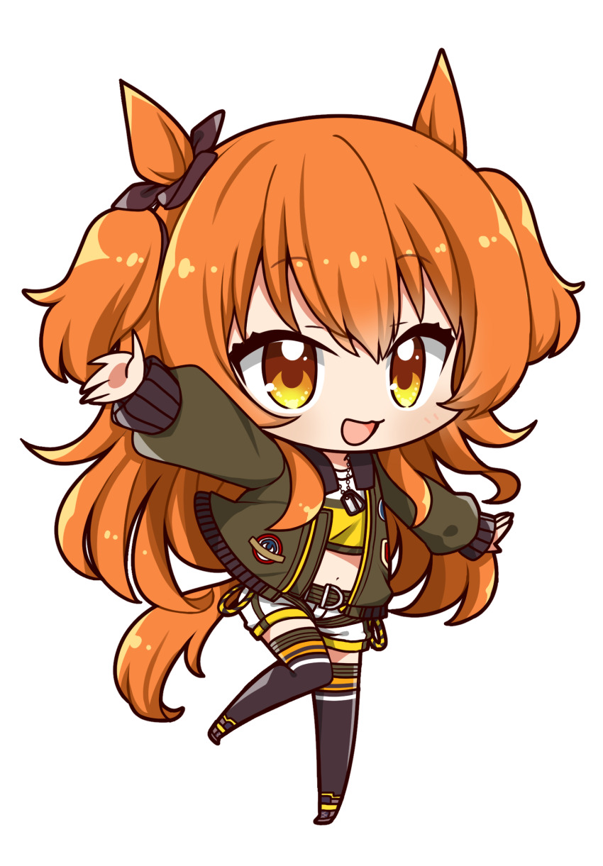 1girl :3 black_footwear brown_eyes chibi chibi_only full_body green_jacket highres jacket long_hair mayano_top_gun_(umamusume) midriff mochimochi_kinako. navel open_mouth orange_hair shorts smile solo transparent_background umamusume white_shorts