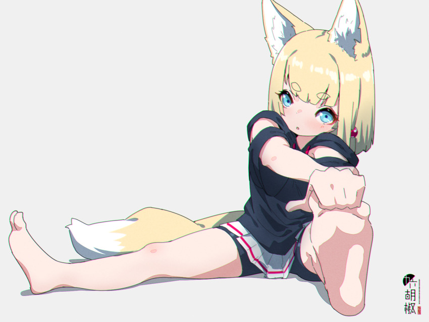 1girl animal_ear_fluff animal_ears artist_name barefoot bike_shorts black_hoodie black_shorts blonde_hair blue_eyes blunt_bangs chromatic_aberration eyes_visible_through_hair foreshortening fox_ears fox_girl fox_tail full_body grey_background hair_ornament highres hood hoodie jewelry kuro-chan_(kuro_kosyou) kuro_kosyou looking_at_viewer medium_hair original parted_lips pleated_skirt shadow short_sleeves shorts simple_background sitting skirt soles solo spread_legs stretching tail thick_eyebrows touching_toes