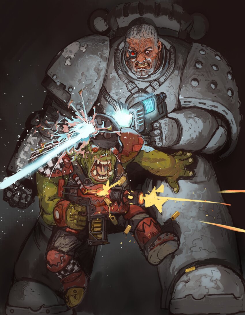 2boys absurdres adeptus_astartes angry armor artificial_eye blood blood_splatter blue_eyes combat_helmet death derivative_work firing gun gunshot_wound headshot helmet highres holding holding_gun holding_weapon mechanical_eye mossacannibalis multiple_boys orc ork_(warhammer) pauldrons plasma_pistol power_armor red_eyes shell_casing shoulder_armor size_difference warhammer_40k weapon